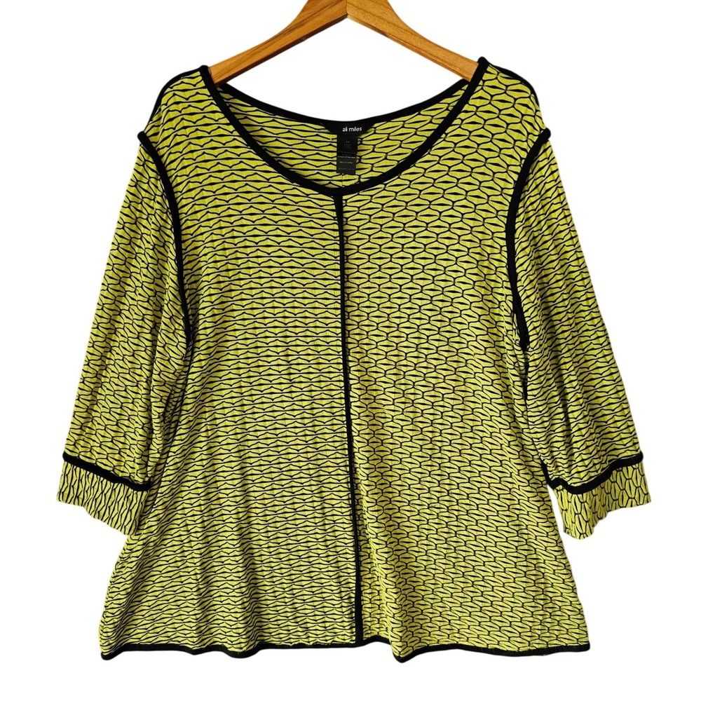 Ali Miles Women 2X Lime Green Black Textured Honeycomb 3/4 Sleeve Tunic‎ Top